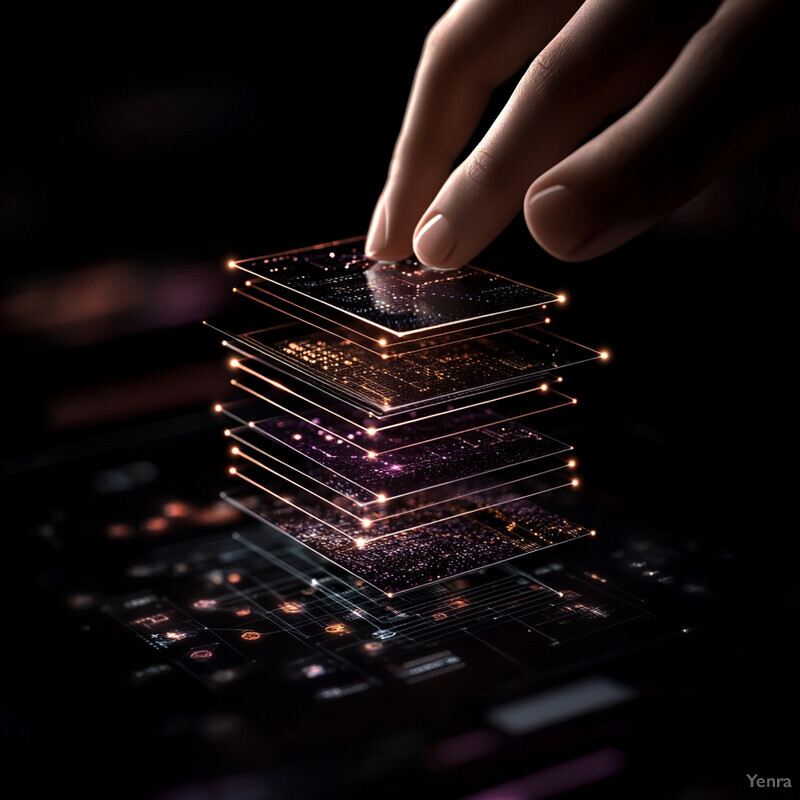 A hand hovers over a stack of glowing microchips in a dark room.