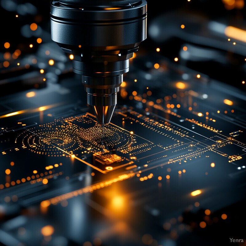 A microscopic view of a microchip manufacturing process, highlighting the precision and detail involved in creating these tiny electronic components.