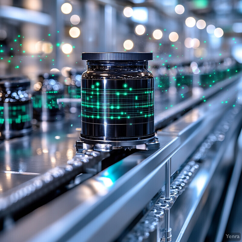 A close-up view of a black cylindrical container on a conveyor belt in an industrial setting.