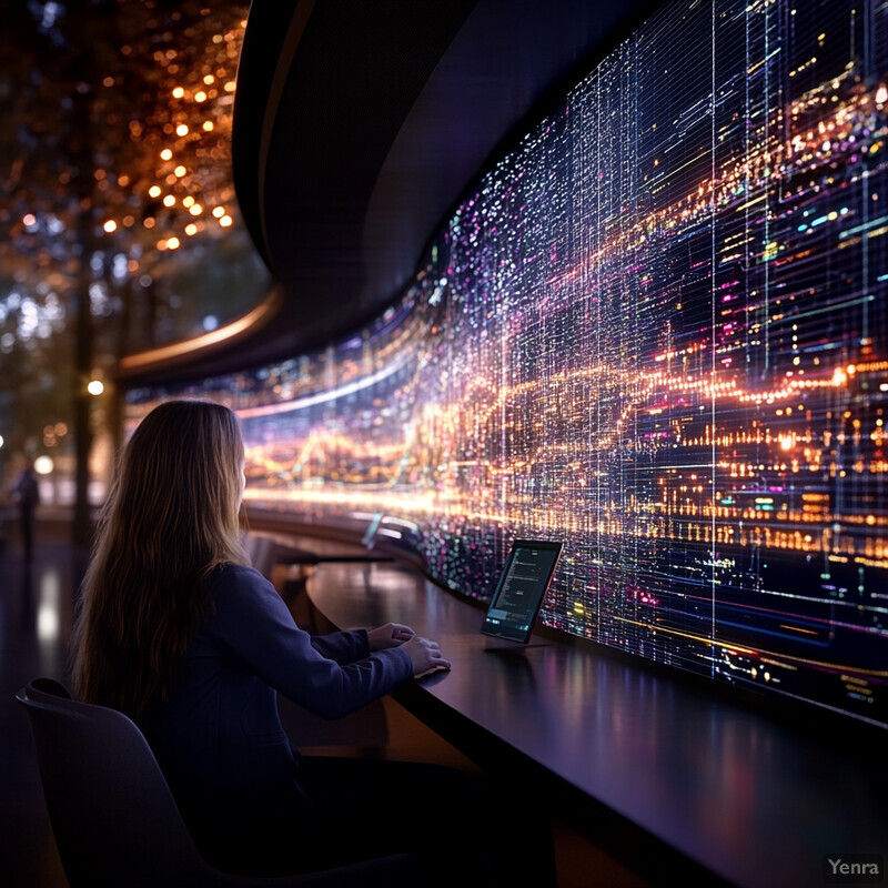 A woman is working at a desk in front of a large screen displaying graphs and charts.