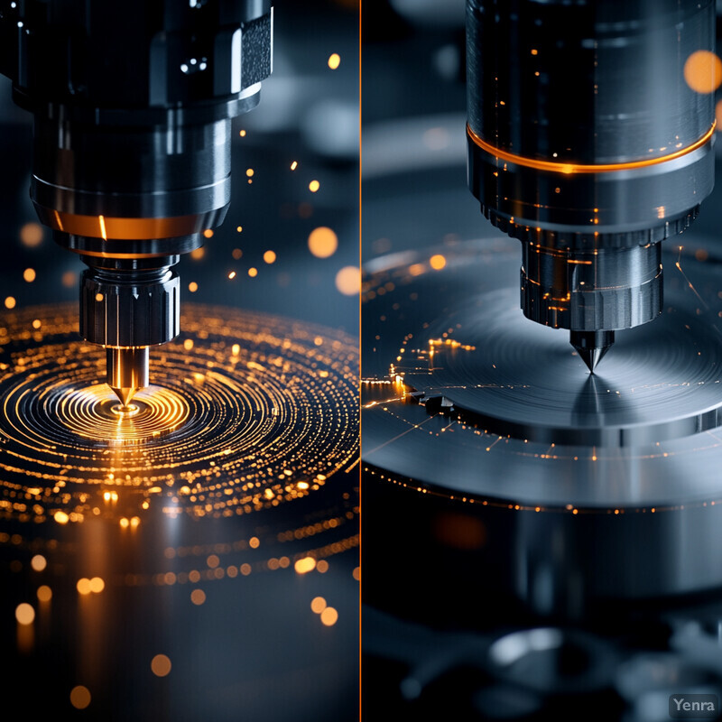 A 3D rendering of two computer-controlled laser machines cutting through metal or plastic.