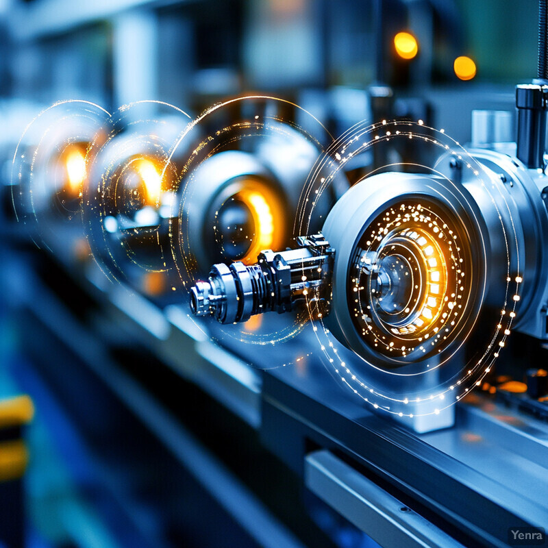 A row of lenses emitting bright yellow light in a laboratory setting.