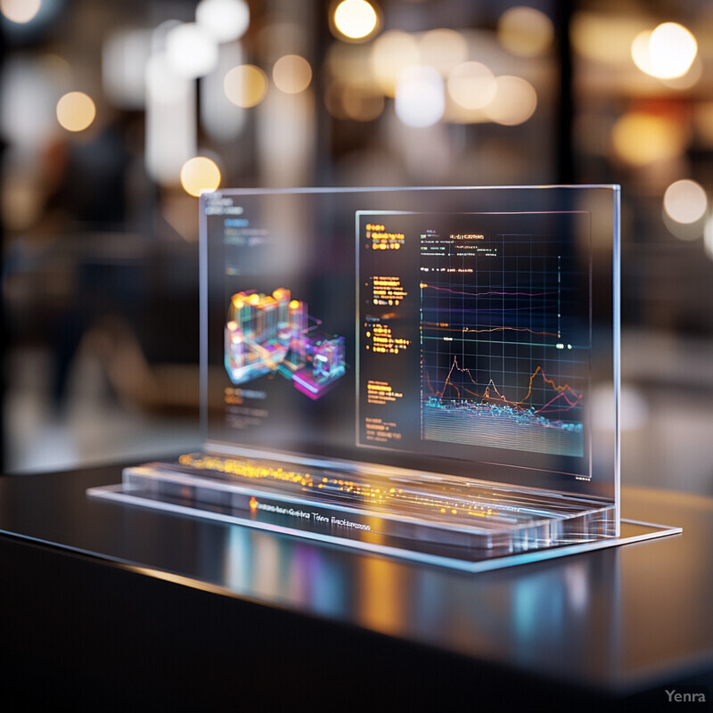 A laptop with a large screen displaying various graphs and charts is placed on a desk in an office setting.