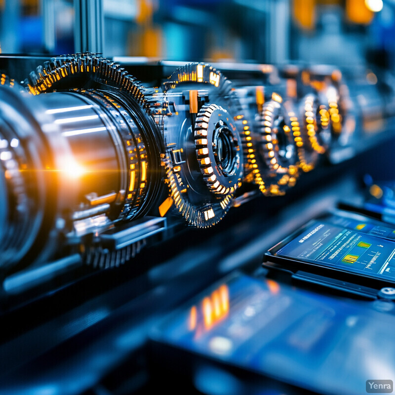 Row of industrial machines with metallic components and gears in a busy factory setting.