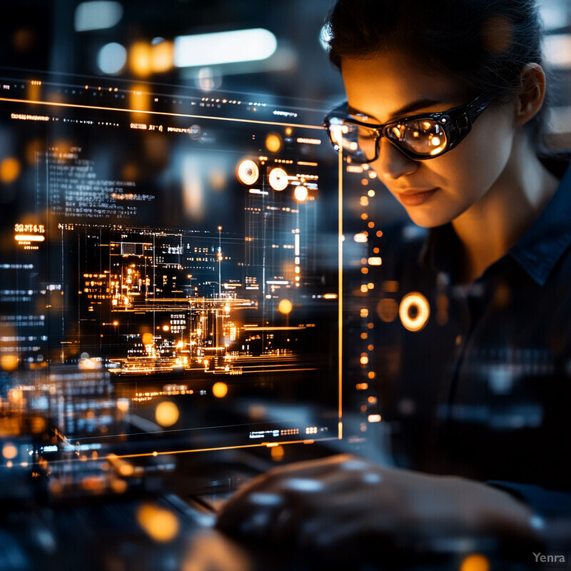 A woman wearing safety goggles works on a computer in an industrial setting.