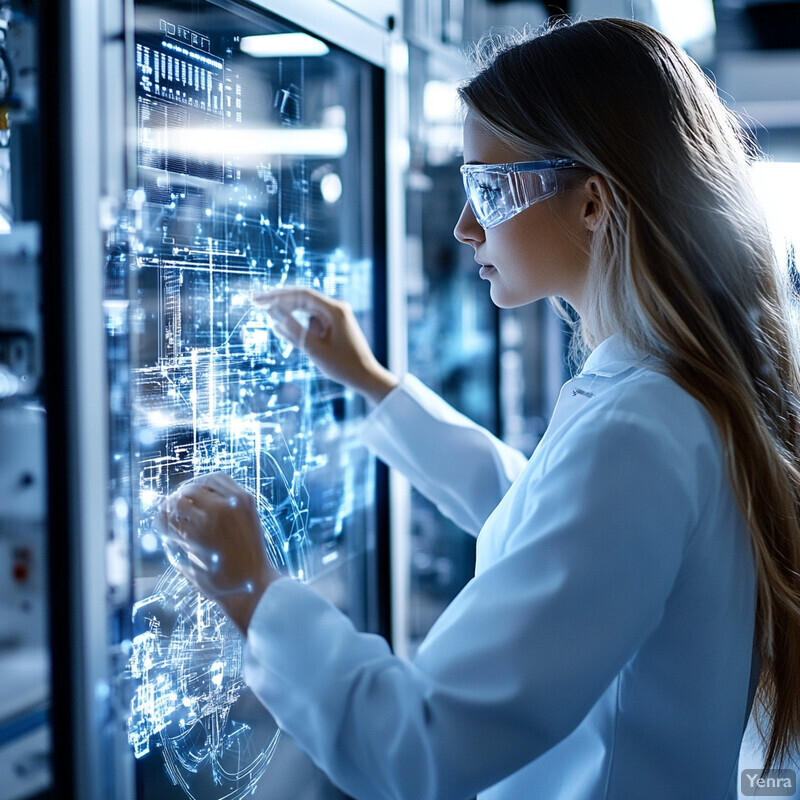 A woman in a lab coat and safety goggles stands in front of a screen displaying various graphs and charts.