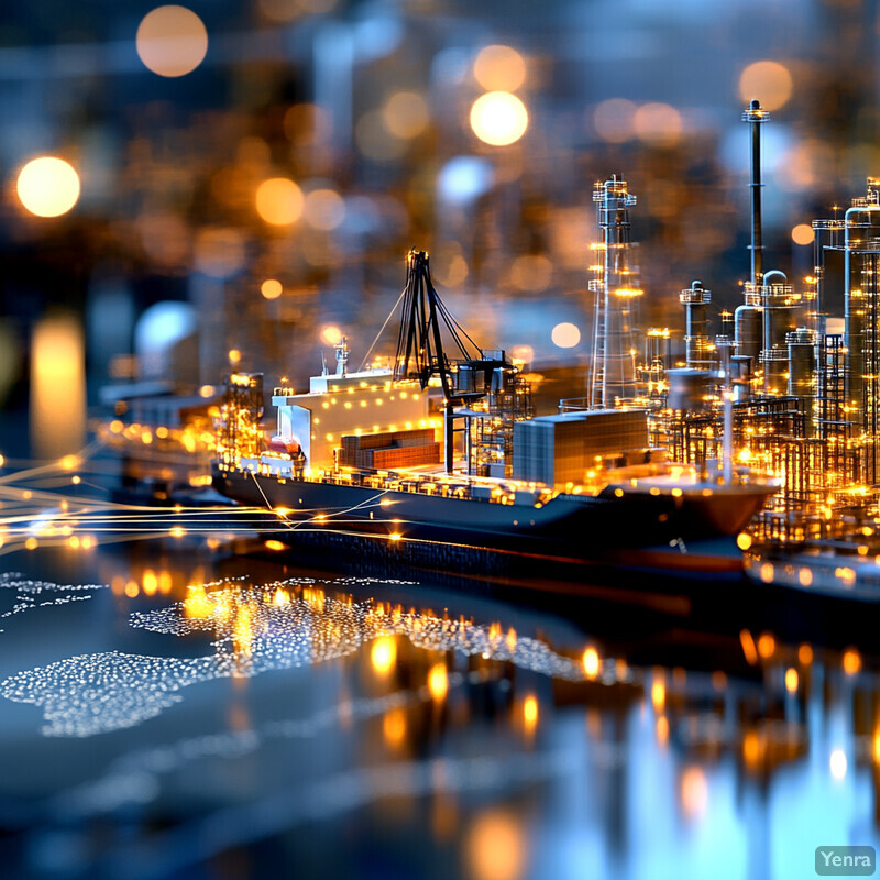 A nighttime harbor scene with multiple ships and cargo being loaded or unloaded.