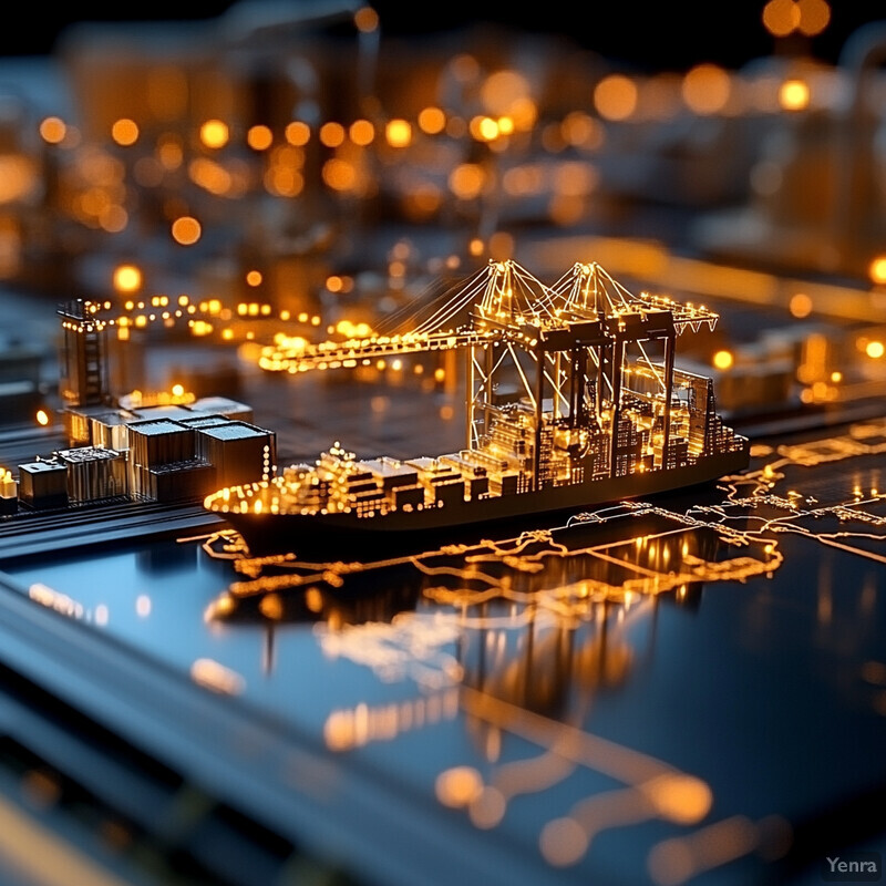 A detailed model of a shipping port, showcasing its various components and highlighting the importance of maritime transportation in global trade and commerce.