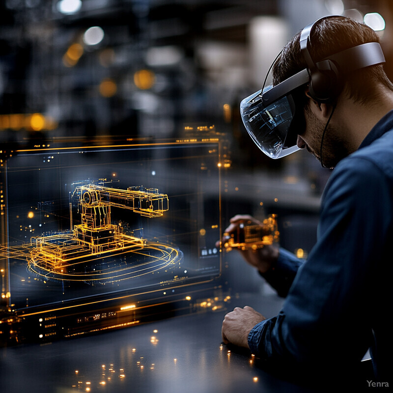 A man in a blue shirt is using virtual reality goggles to control and validate a machine or system displayed on a large screen.