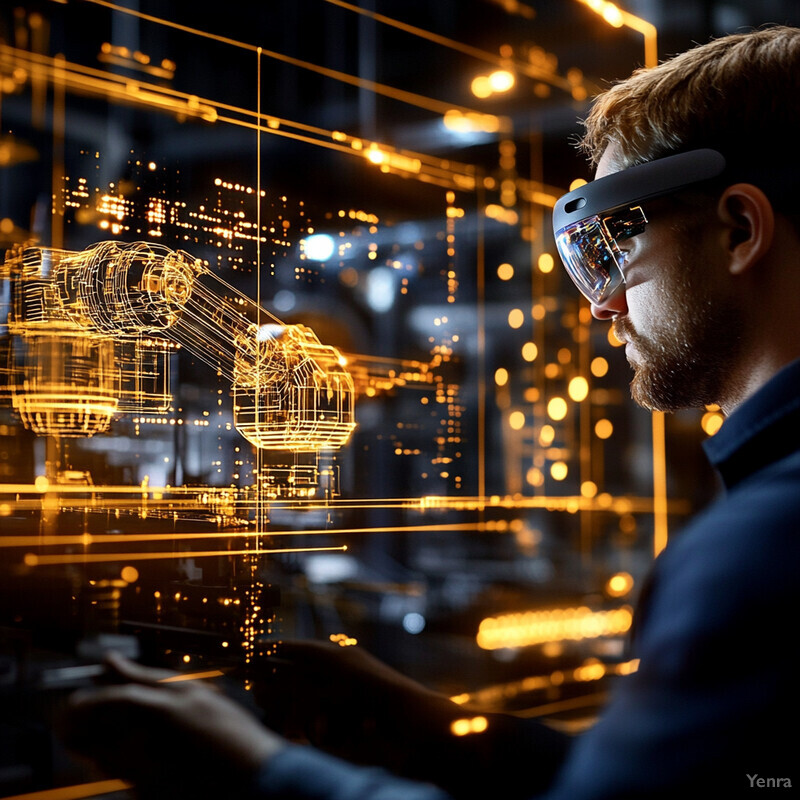 A person is using augmented reality glasses to visualize and interact with a holographic blueprint or schematic in a factory setting.