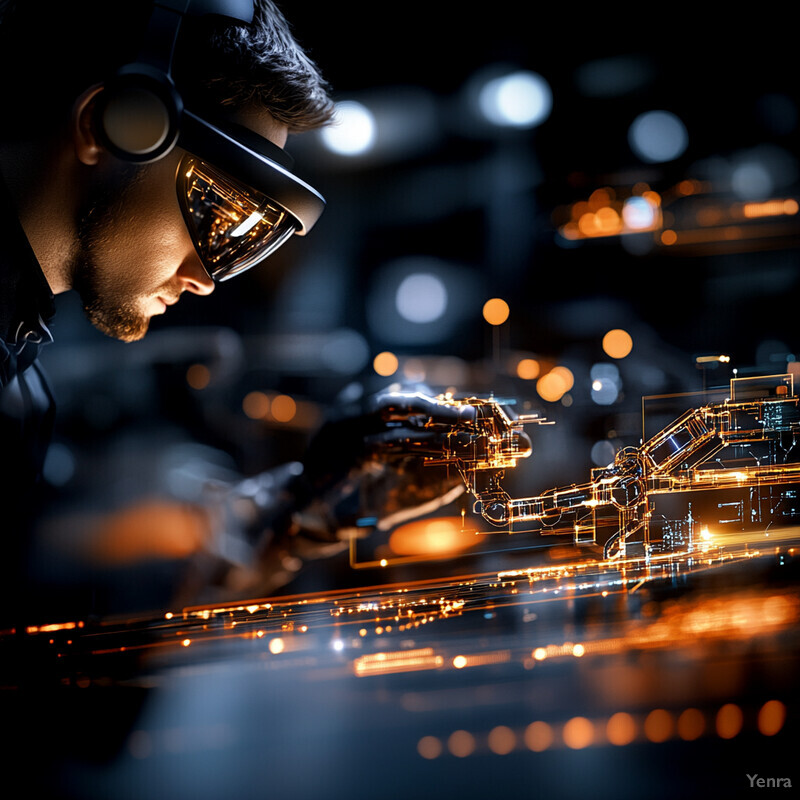 A man in VR goggles focuses on a futuristic-looking machine with glowing orange lights and wires.