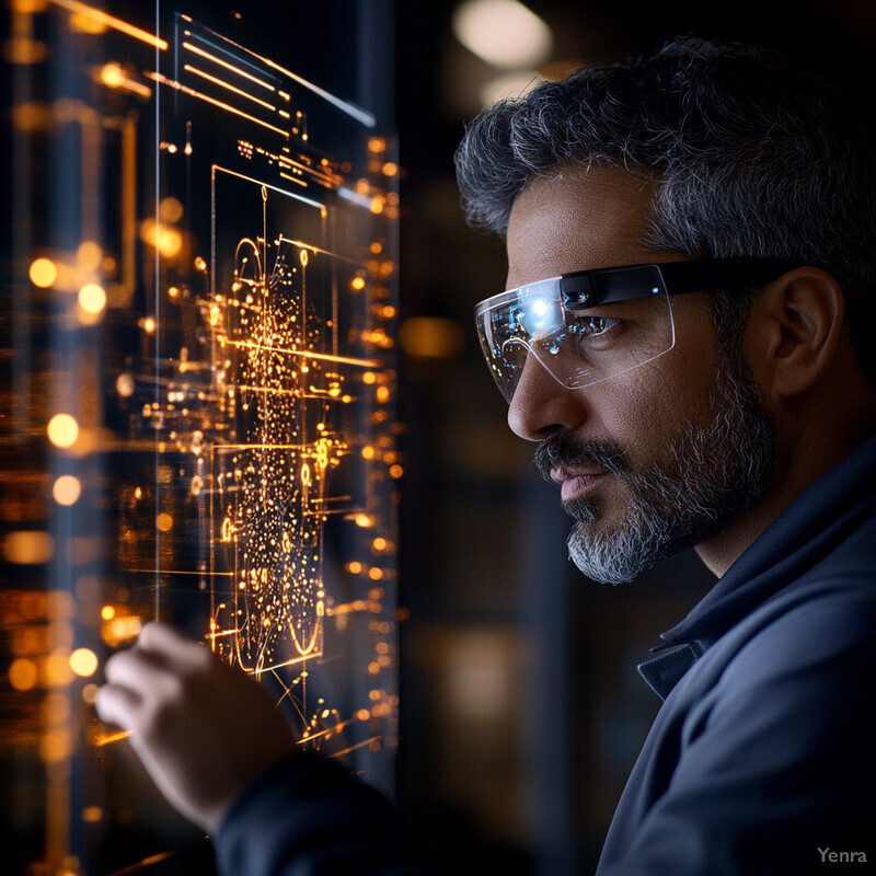 An older man with gray hair and a beard is intently examining a large screen displaying a complex circuit diagram or technical illustration.