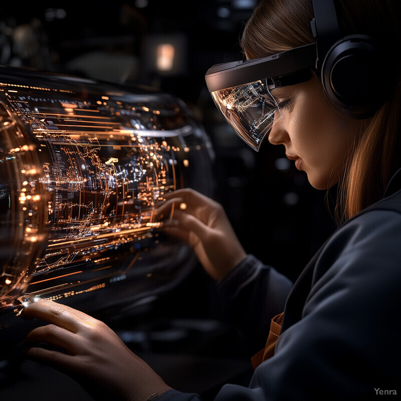 A woman is meticulously working on a circuit board, wearing safety goggles and headphones in a dark workshop or laboratory setting.