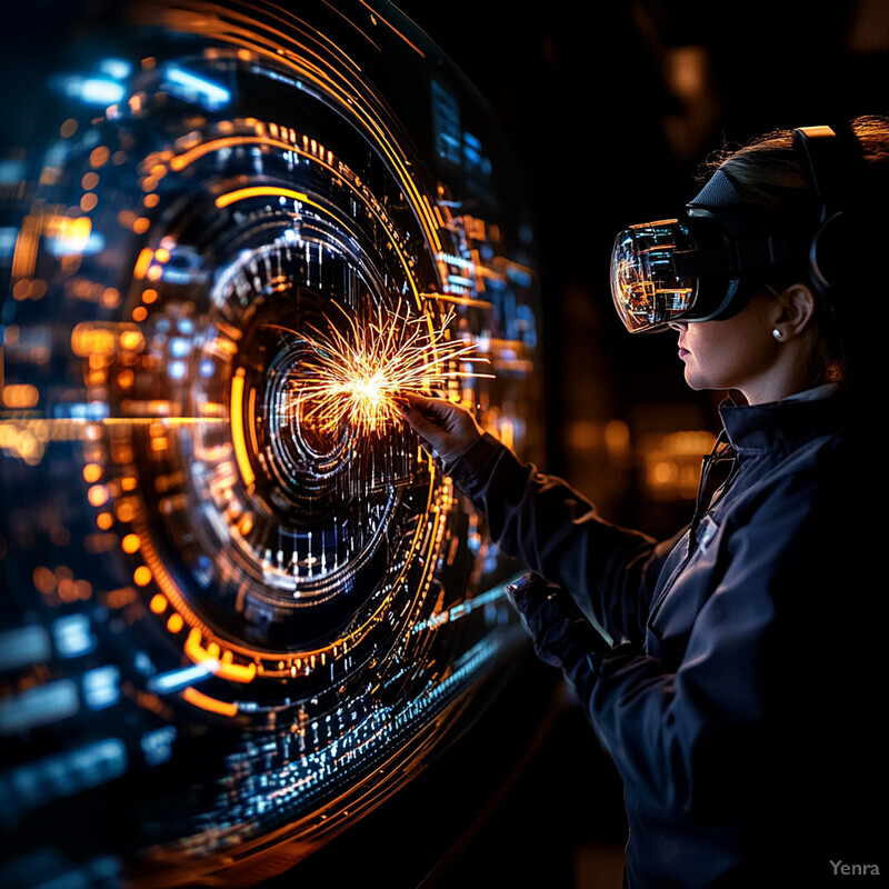 A woman wearing virtual reality goggles holds a sparkler in front of a futuristic-looking screen.