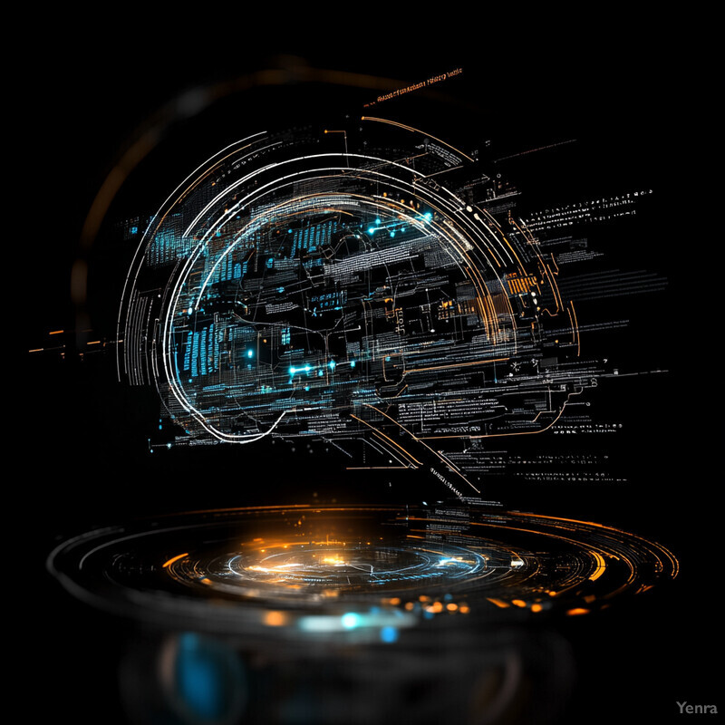 A futuristic scene with a brain graphic at its center, surrounded by concentric circles and small objects.