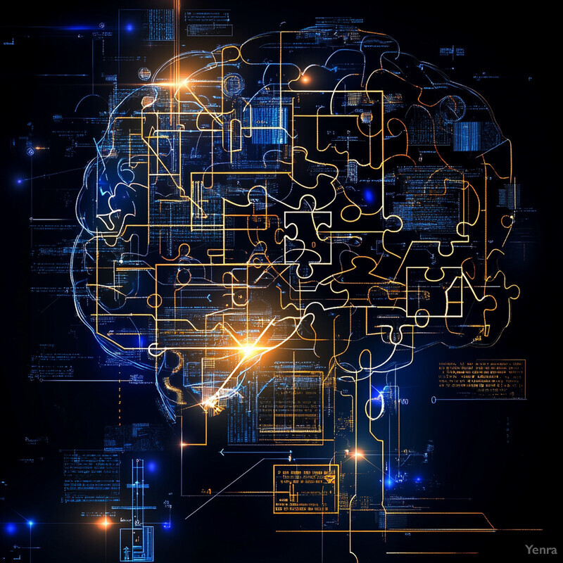 An abstract representation of the human brain with various elements and symbols overlaid on top.