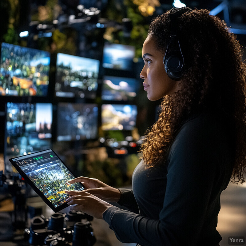 A woman wearing headphones and holding a tablet with a screen displaying various images, possibly for fact-checking purposes.