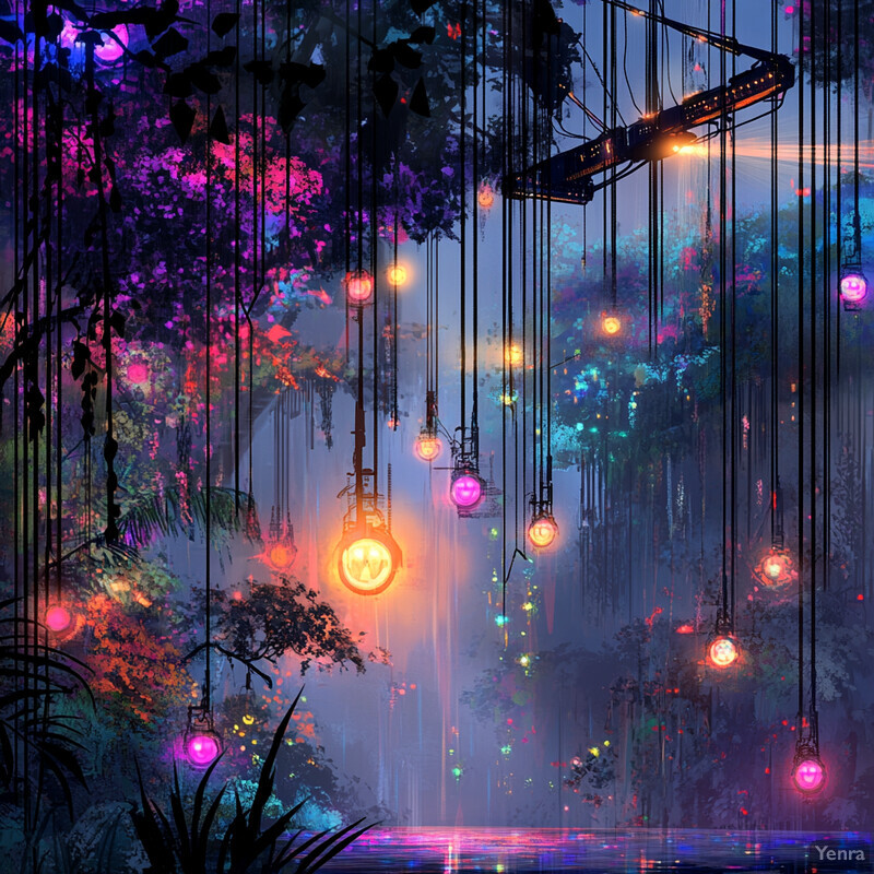 This digital artwork depicts an imaginative jungle scene with vibrant colors and intricate details.