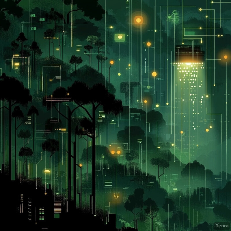 A futuristic cityscape where trees are actually circuit boards and wires, with glowing lights tracing along their lengths.