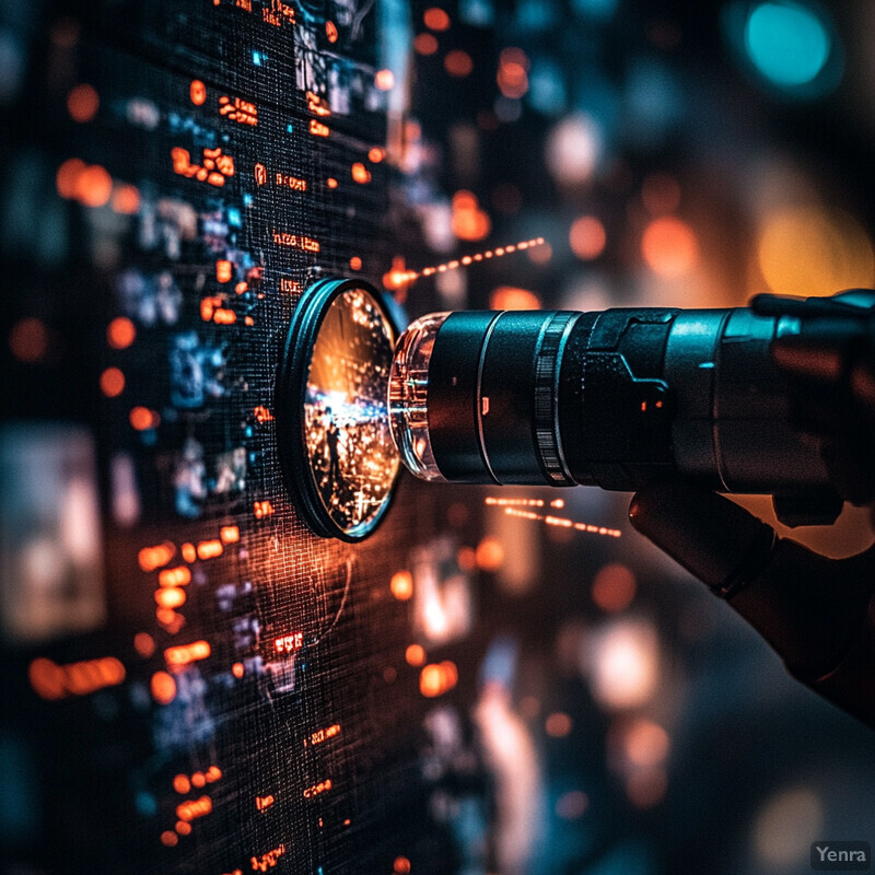 A person's hand holding a camera lens in front of an outdoor setting with orange and blue lights.