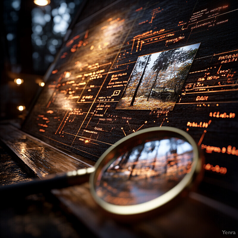 A magnifying glass is placed on top of an old wooden table or desk, revealing a small piece of paper with cryptic handwriting.