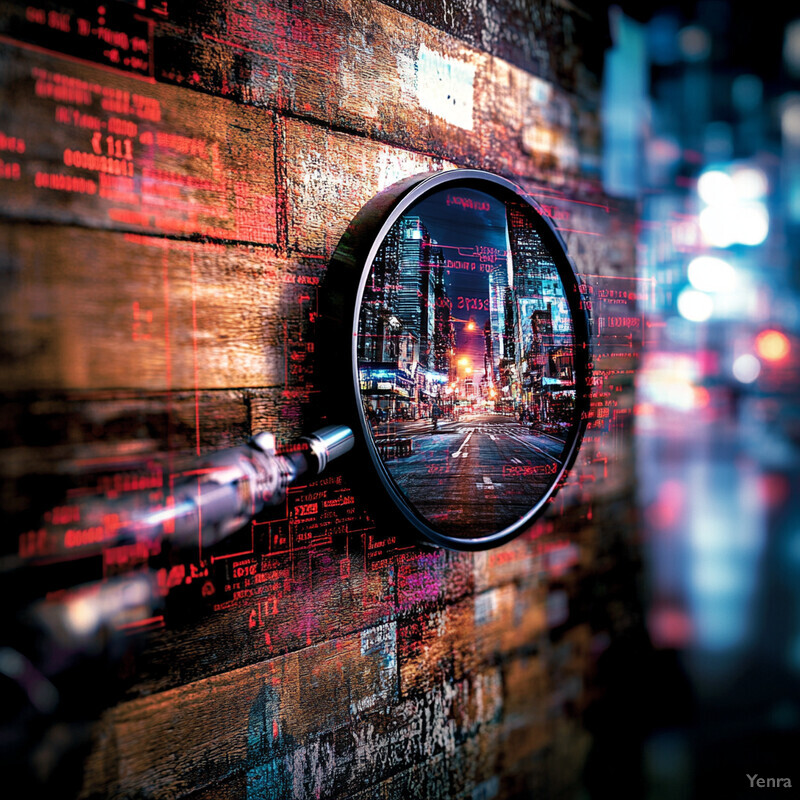 A city street at night, with a circular mirror mounted on a wooden wall displaying an inverted reflection of the urban landscape.