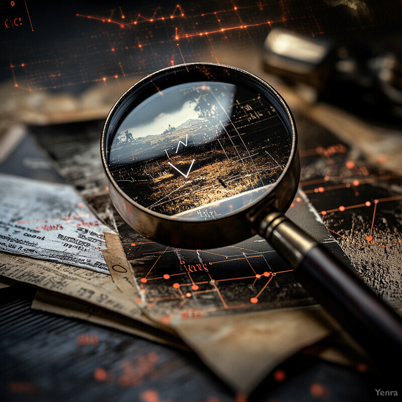 A magnifying glass sits atop a map or chart with various markings and symbols.