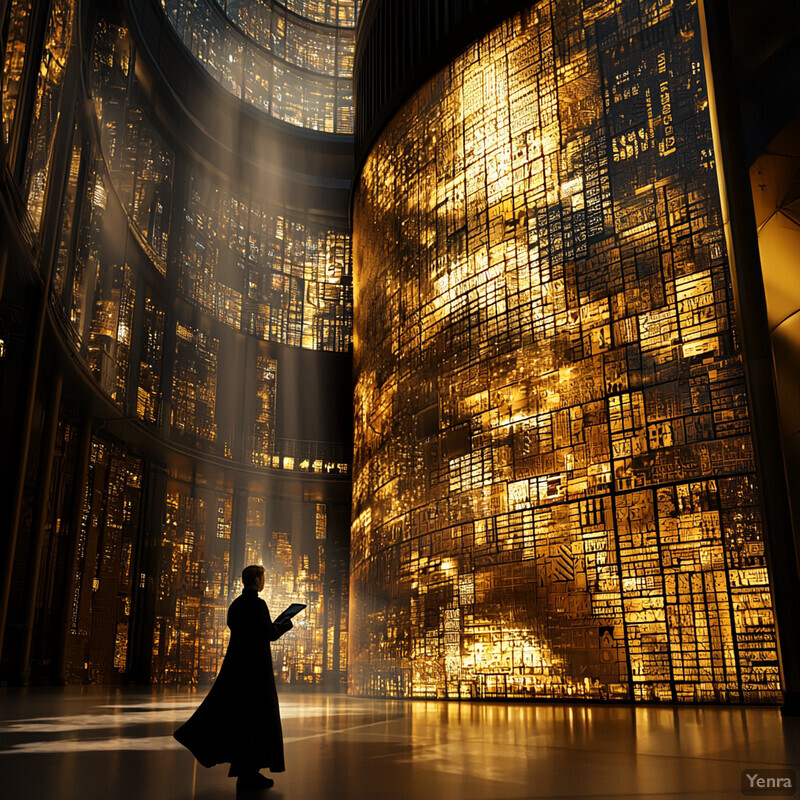 A man walks through an expansive library with towering shelves and rows upon rows of books.