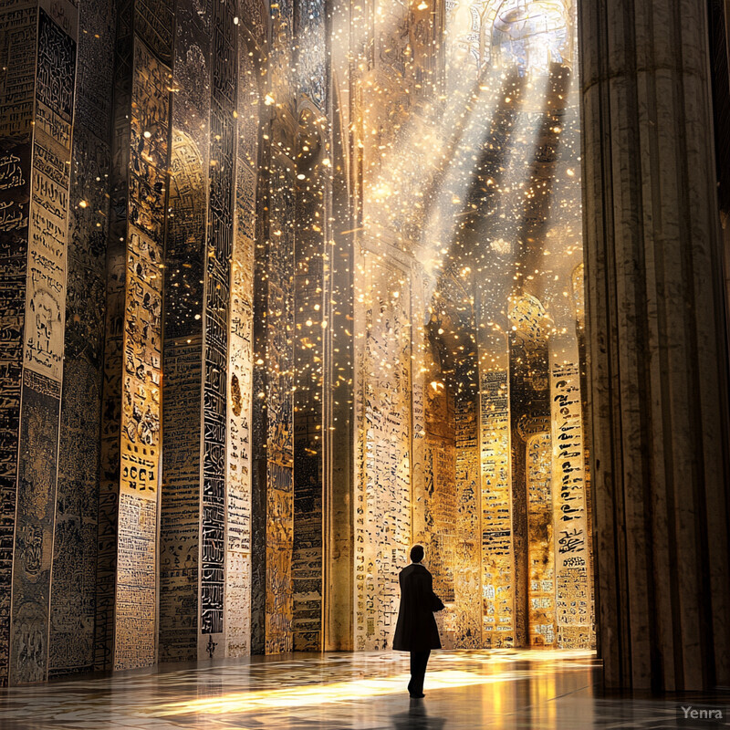 A grand hall with tall pillars adorned with gold and black carvings, evoking an ancient or mystical atmosphere.