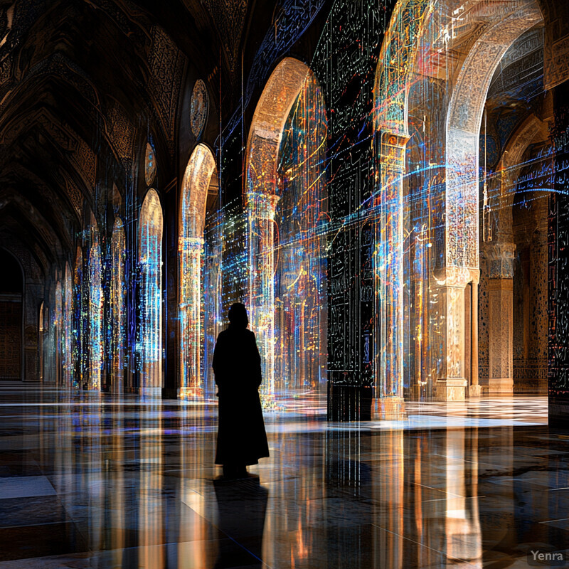 An individual stands within a grand Islamic-style hall, surrounded by arches and patterns.