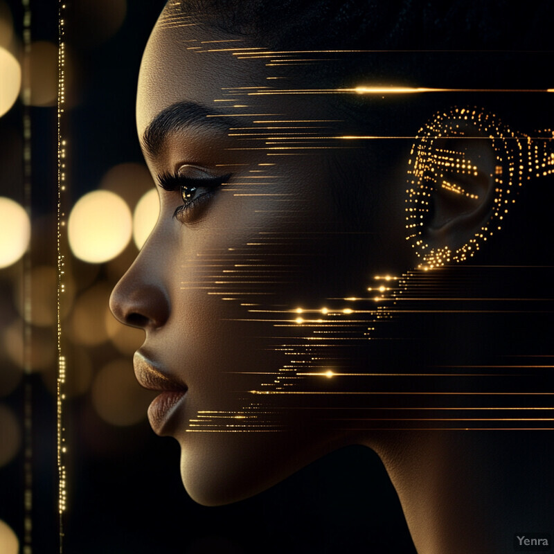 A woman's face with gold lines and dots superimposed over it, giving an impression of luxury and sophistication.