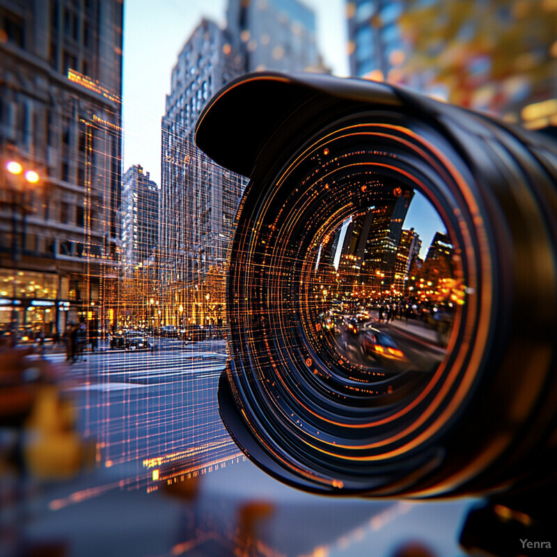 A close-up photo of a camera lens with a cityscape reflected in it.