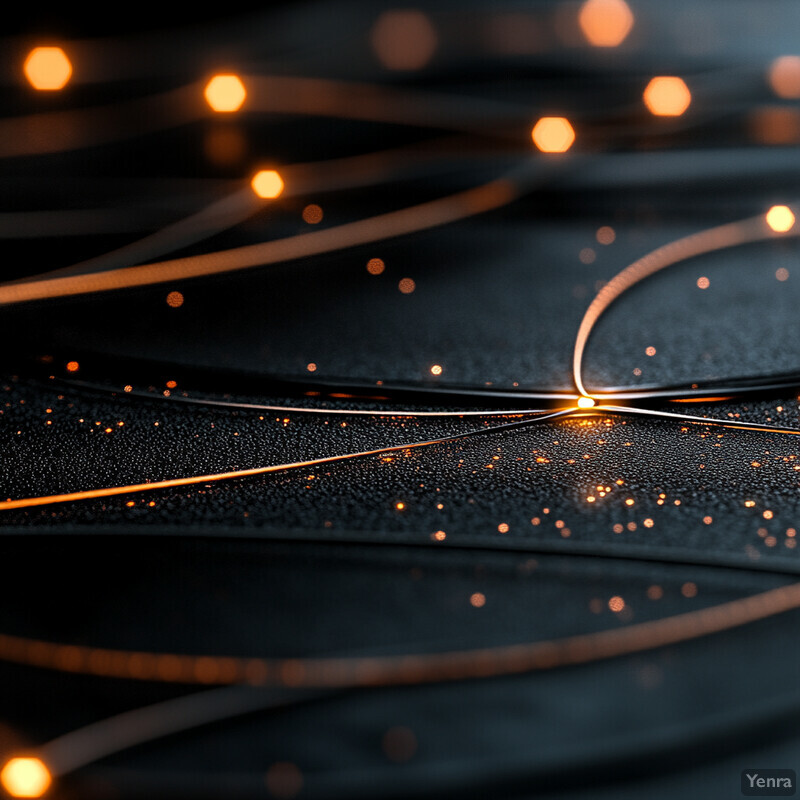 An abstract composition featuring curved lines and small orange dots on a black background.