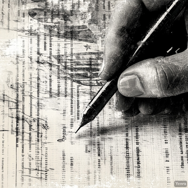 A person's hand holding a pen and writing on a piece of paper with illegible text.