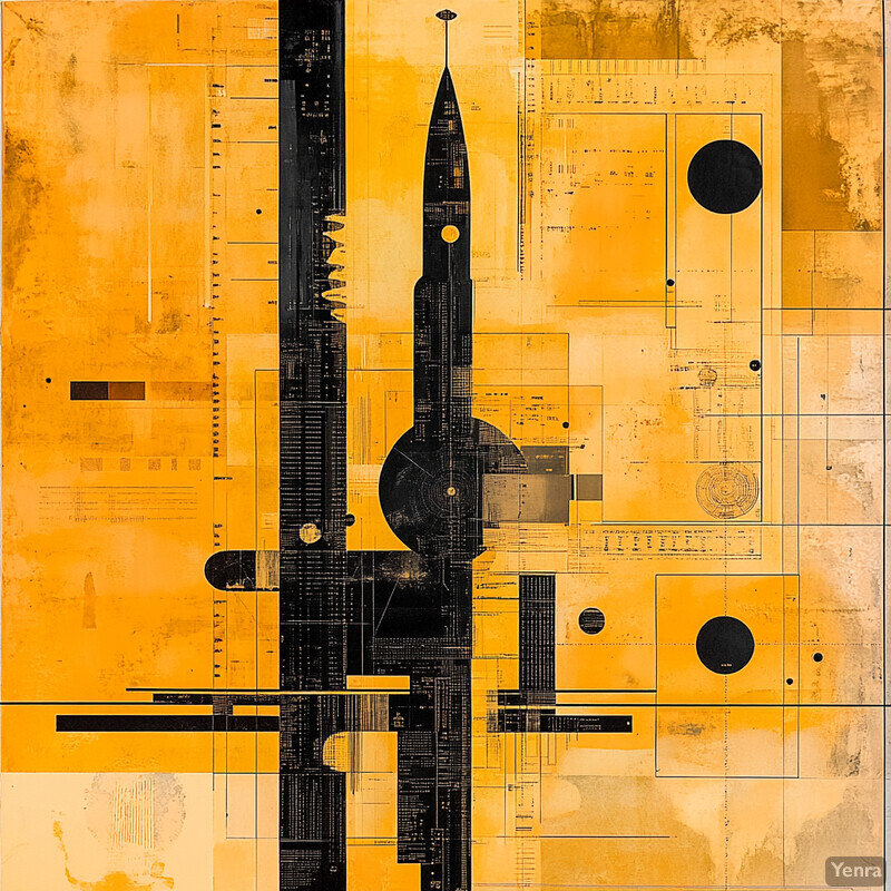 An abstract composition characterized by geometric shapes and lines in various shades of yellow and black.