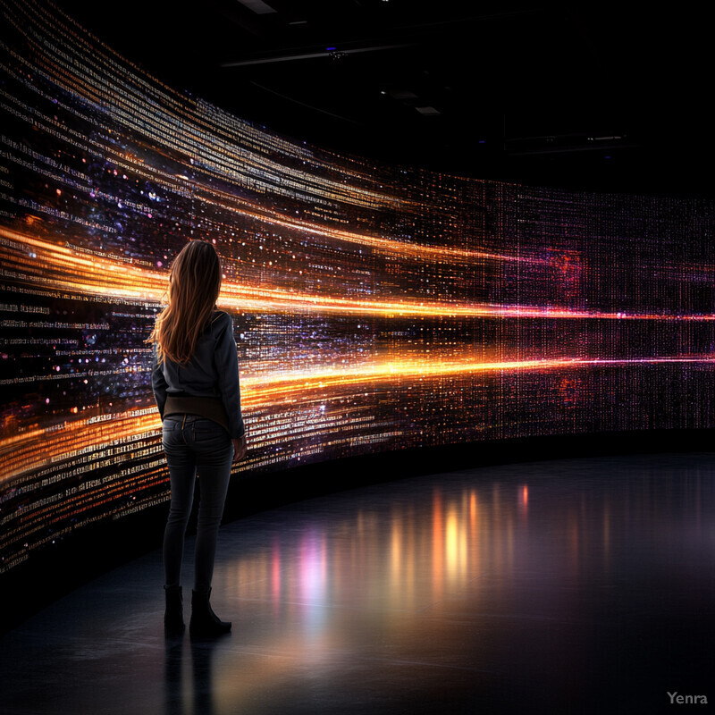 A woman observes a vibrant light display on a large screen at an art exhibition or festival.