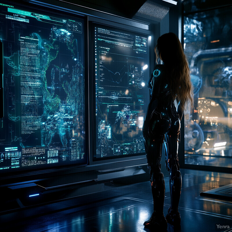 A woman in a futuristic suit stands before three large screens displaying various data and information.