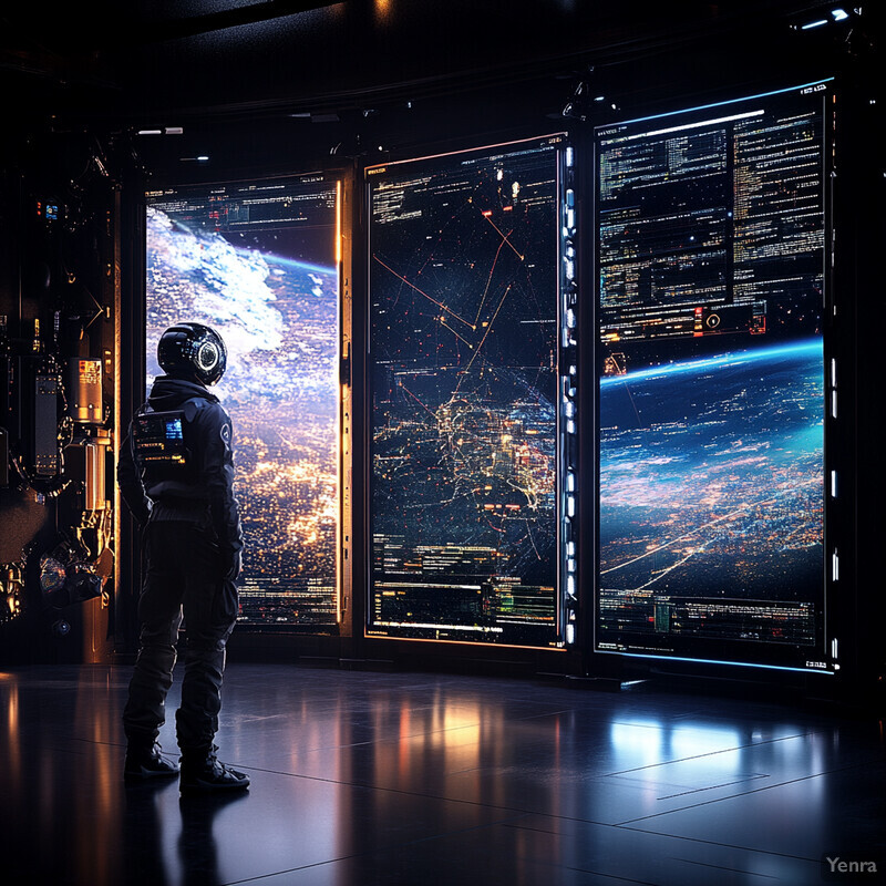 A person in a black spacesuit stands in front of a large screen displaying various data and images in a futuristic control room.