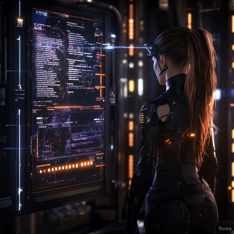 A woman in futuristic attire analyzes complex data on a large screen.