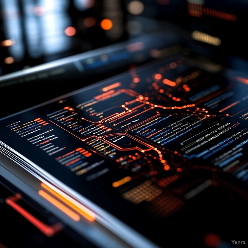 A network graph analysis for narrative mapping is displayed on a tablet screen, illustrating relationships between entities or concepts in a complex and visually engaging manner.