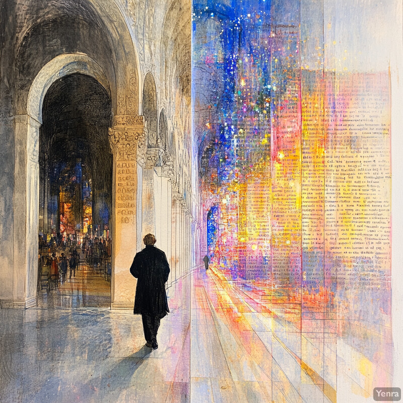 Abstract painting with dreamy quality featuring a man in a long black coat walking down a corridor or hallway.