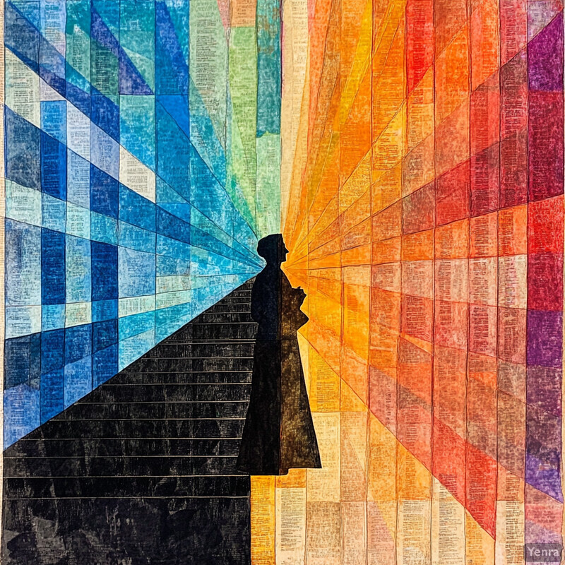 A digital artwork created using neural style transfer, featuring a person walking in front of a tall building on a city street.