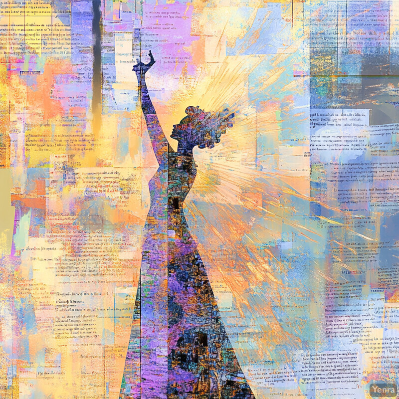 An abstract painting featuring a woman in a flowing dress with her arms raised towards the sky, set against a vibrant background.