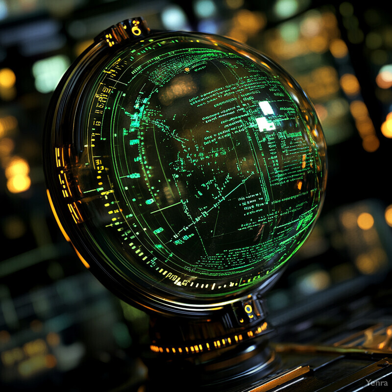 A futuristic-looking globe with a green and black color scheme is displayed in a control room or command center.