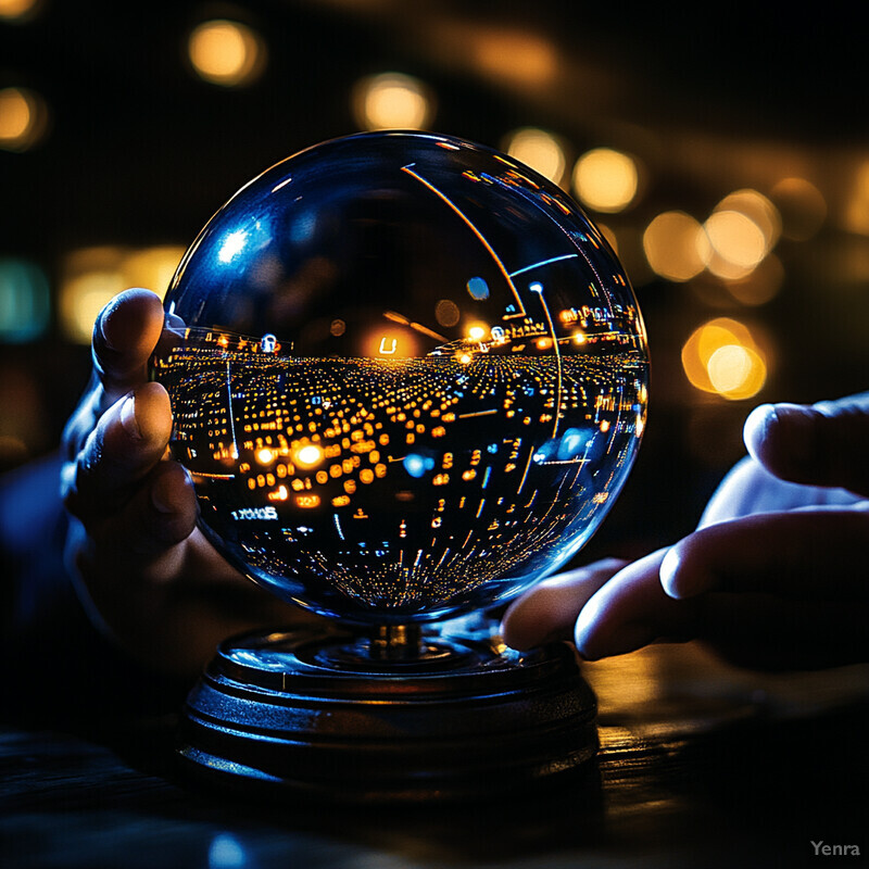 A person holds a crystal ball on a wooden stand, reflecting city life.