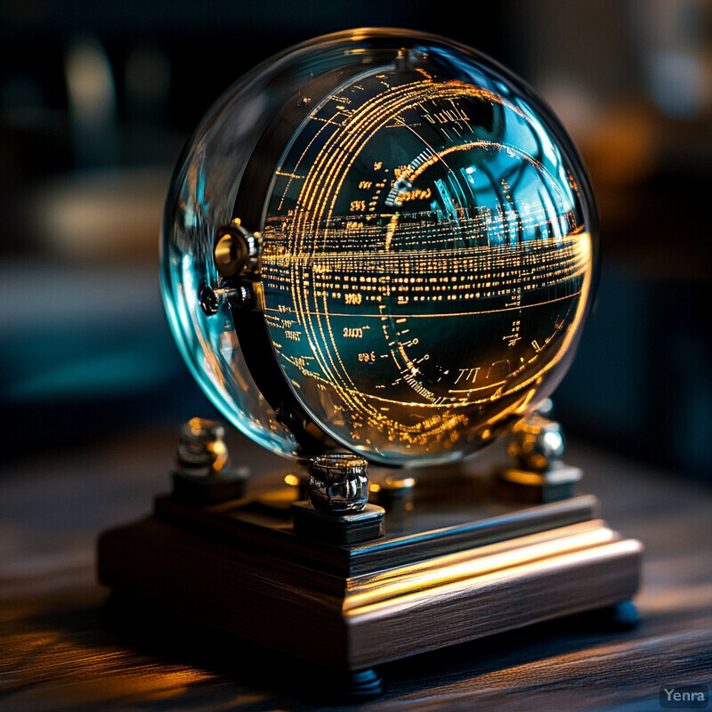 A crystal ball with a gold-colored globe and intricate lines inside sits on a wooden table in an office setting.