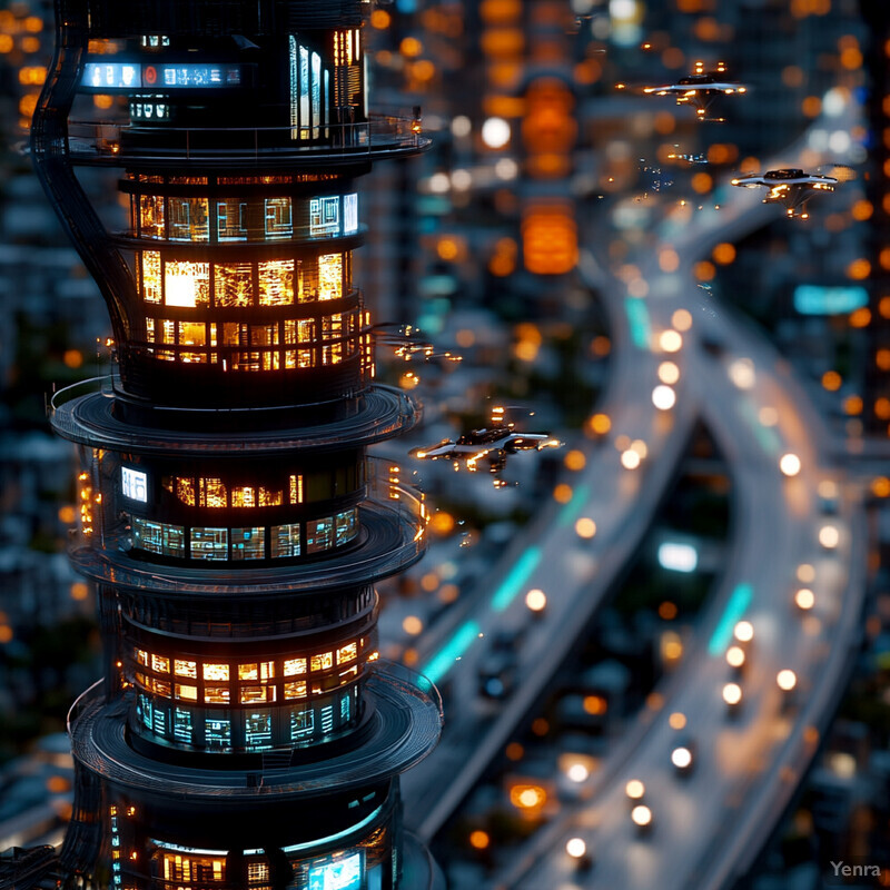 A futuristic cityscape with modern buildings and flying vehicles.