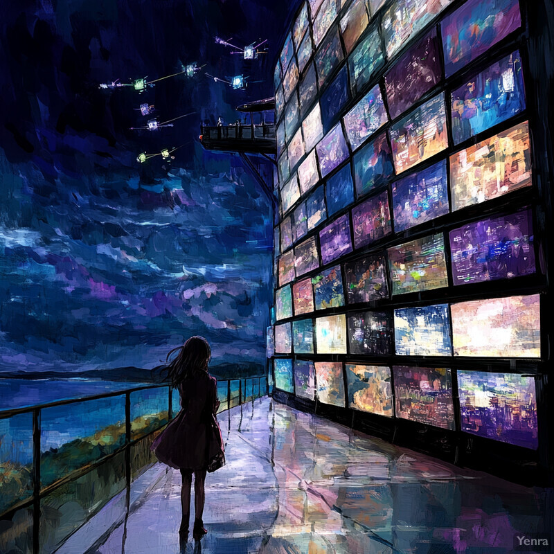 A young girl stands on a balcony looking out over the water towards the mountains in the distance, with a large wall of screens displaying various images behind her.