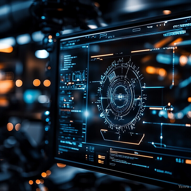 A large screen displaying a complex graphic in a high-tech monitoring room.