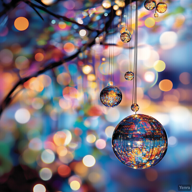 A photograph of glass balls hanging from a tree branch, creating a colorful effect with their reflective surface.